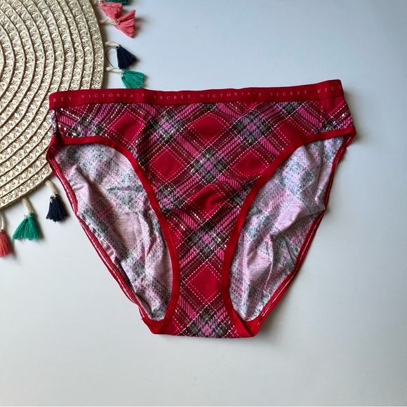 Victoria's Secret Cotton High-Leg Brief Panty Foil Lipstick Lovely Plaid S NEW - Picture 1 of 3